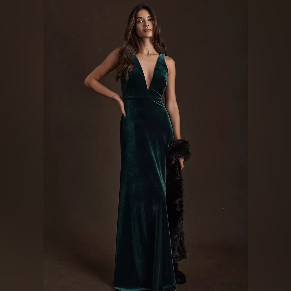 BHLDN & Jenny Yoo Velvet Logan Maxi Dress in Dark Emerald. Worn once.